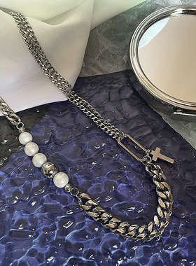 小众嘻哈珍珠项链男女个性高级感国潮时髦钛钢链条拼接锁骨