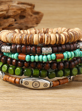 新款木珠合金CCB6件套多层弹力手镯手链 欧美简约复古多件套手镯