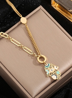 欧美跨境通体钛钢豹纹滴油工艺蓝眼睛镂空耳环电镀手掌项链耳饰