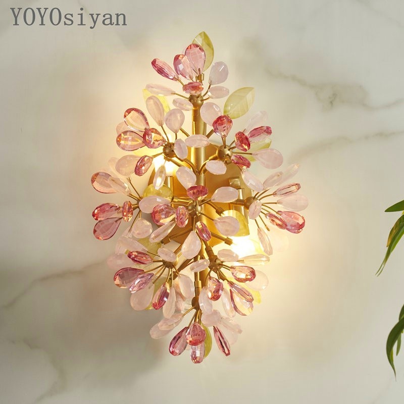 YOYO 轻奢法式美式纯铜彩色水晶花蕾壁灯 客厅餐厅卧室床头等壁灯