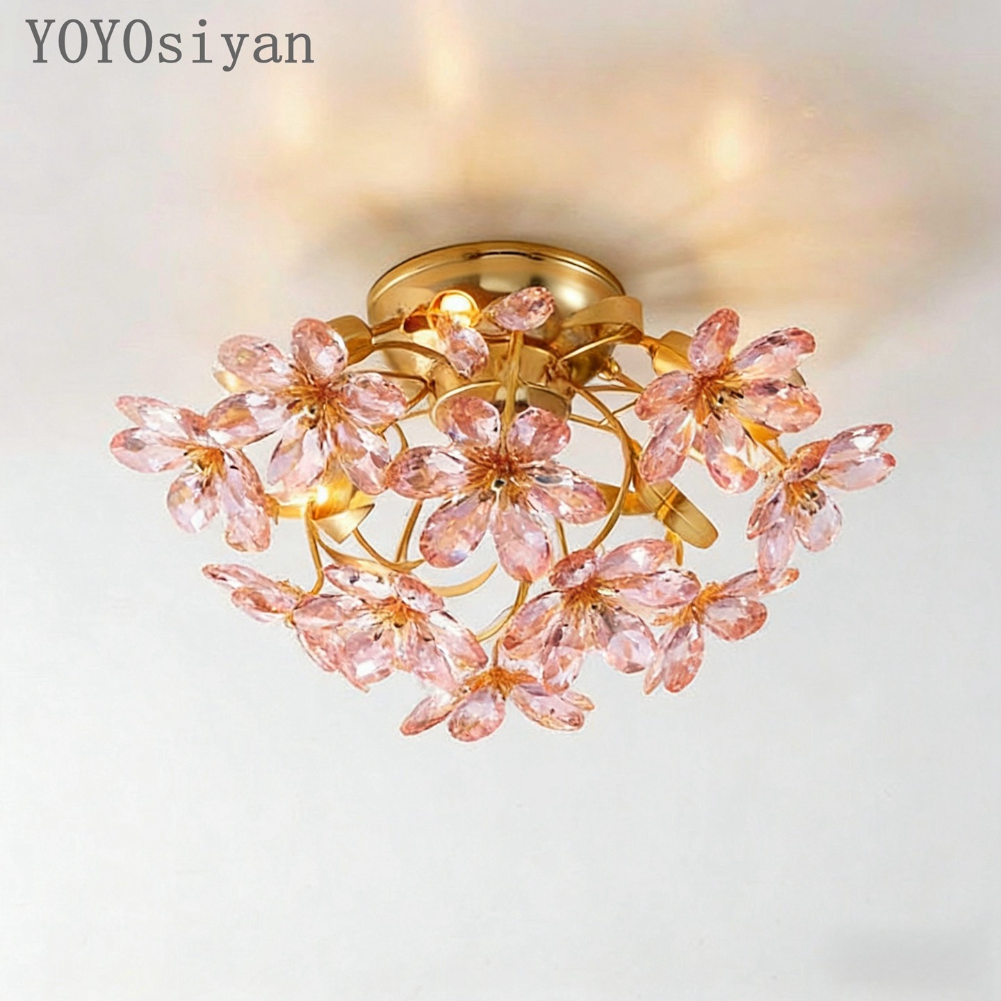YOYO 轻奢黄铜南瓜粉色花水晶吸顶灯 客厅餐厅卧室衣帽间女儿房,家装灯饰光源,客厅吸顶灯,淘宝优惠券,粉丝福利购,淘宝优惠卷