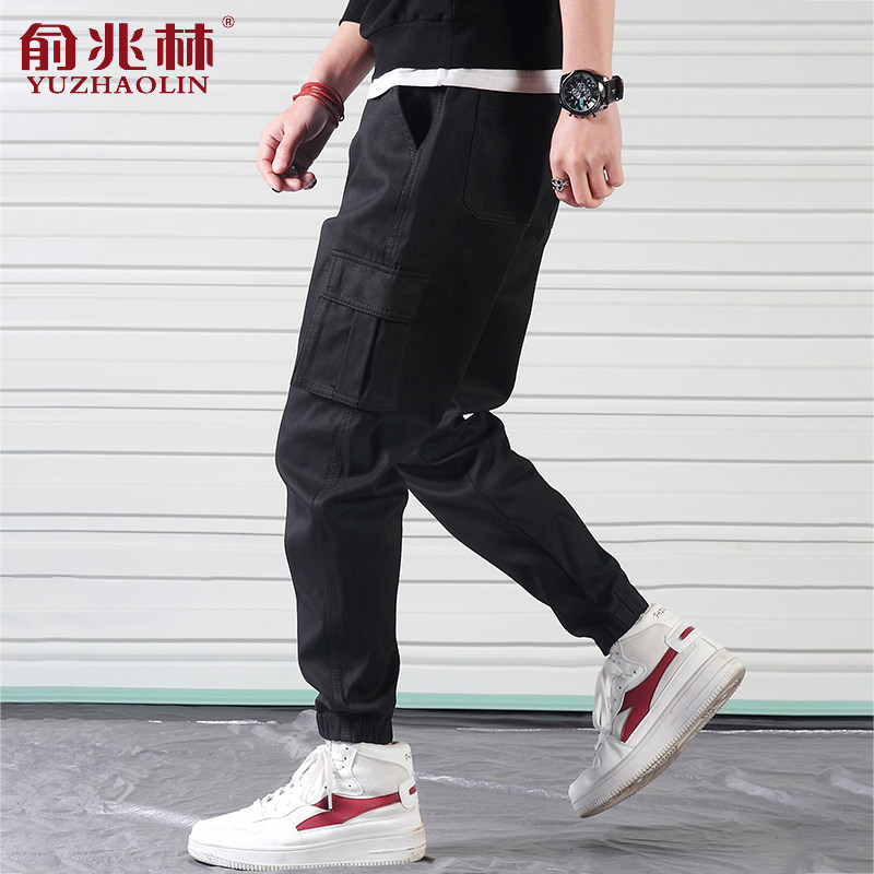 工装裤男潮牌宽松薄款运动小脚裤黑色青少年嘻哈帅气耐磨男装裤子