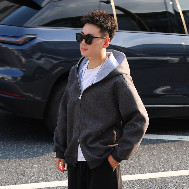 深灰重磅连帽卫衣男款内外撞色宽松秋季休闲风简约廓形长袖外套男