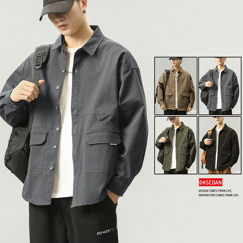 工装外套男日系纯棉翻领夹克男款