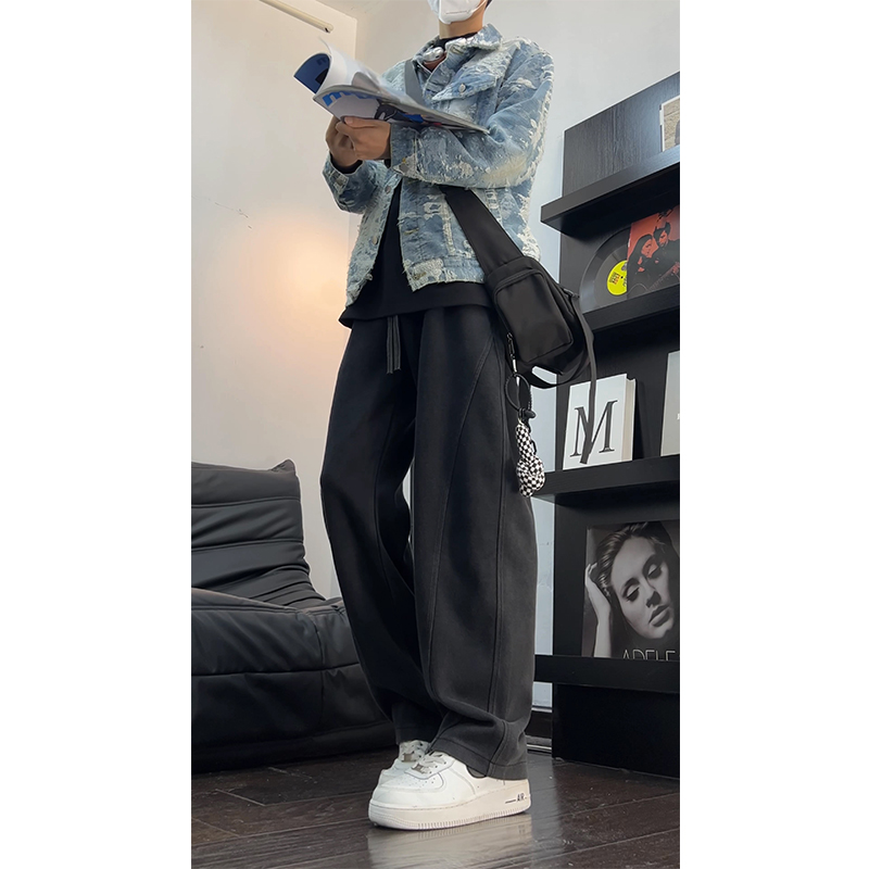 慵懒风重磅加绒卫裤男款秋冬直筒男裤水洗垂坠弯刀阔腿休闲裤男士