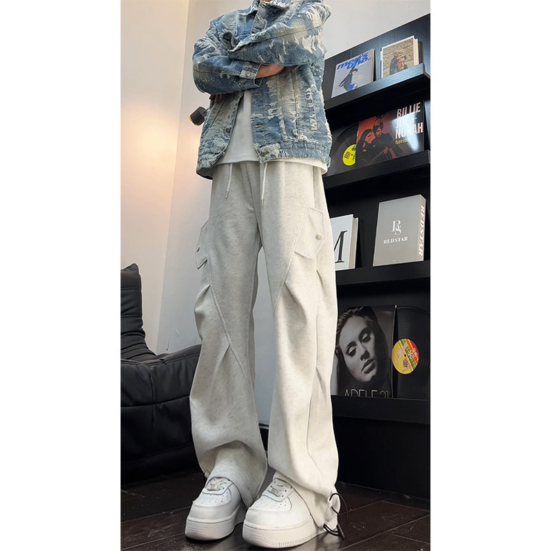 美式高街运动卫裤男秋冬加绒纯色直筒工装阔腿裤复古褶皱休闲长裤,男装,休闲裤,淘宝优惠券,粉丝福利购,淘宝优惠卷