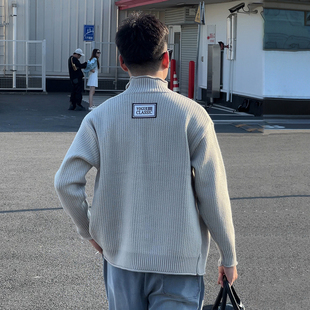 慵懒风纹理开衫 外套男春秋简约百搭休闲上衣翻领宽松针织毛衣男士