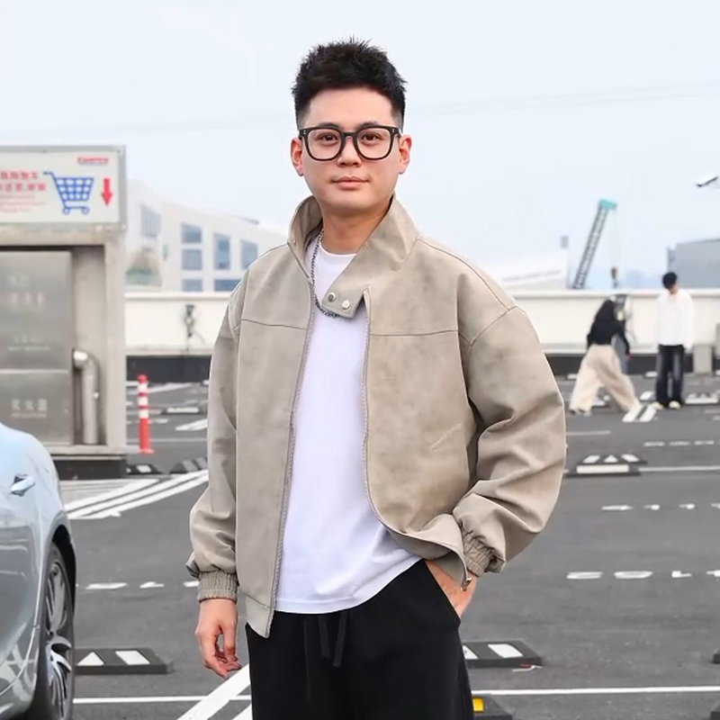 美式扎染pu复古立领机车皮夹克男款春秋宽松百搭外套夹克男士