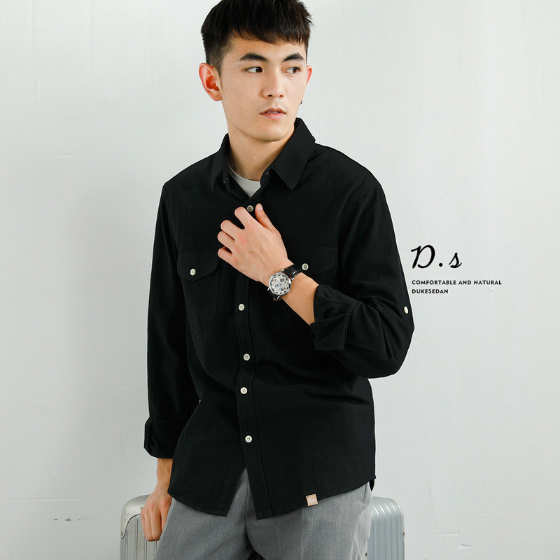 黑色衬衫男长袖秋季新款韩版潮流翻领轻商务正装青少年学生外套男
