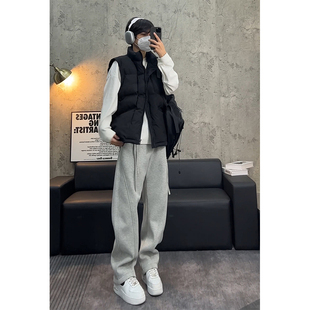 子拼接设计感镰刀香蕉休闲裤 秋冬重磅加绒运动裤 男款 灰色弯刀卫裤