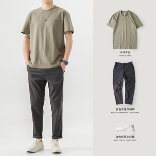 T恤男夏季 男九分裤 潮牌宽松纯色男款 直筒休闲裤 休闲套装 圆领短袖