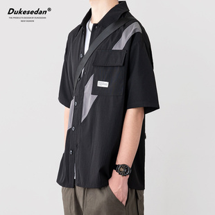 夏季 宽松大码 中袖 翻领短袖 五分袖 男款 拼接撞色休闲半袖 衬衣男 衬衫