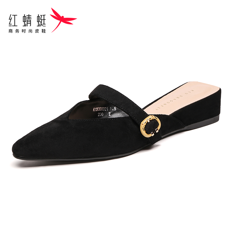 红蜻蜓女鞋春季新款单鞋半拖鞋女时尚坡跟尖头百搭穆勒单鞋女