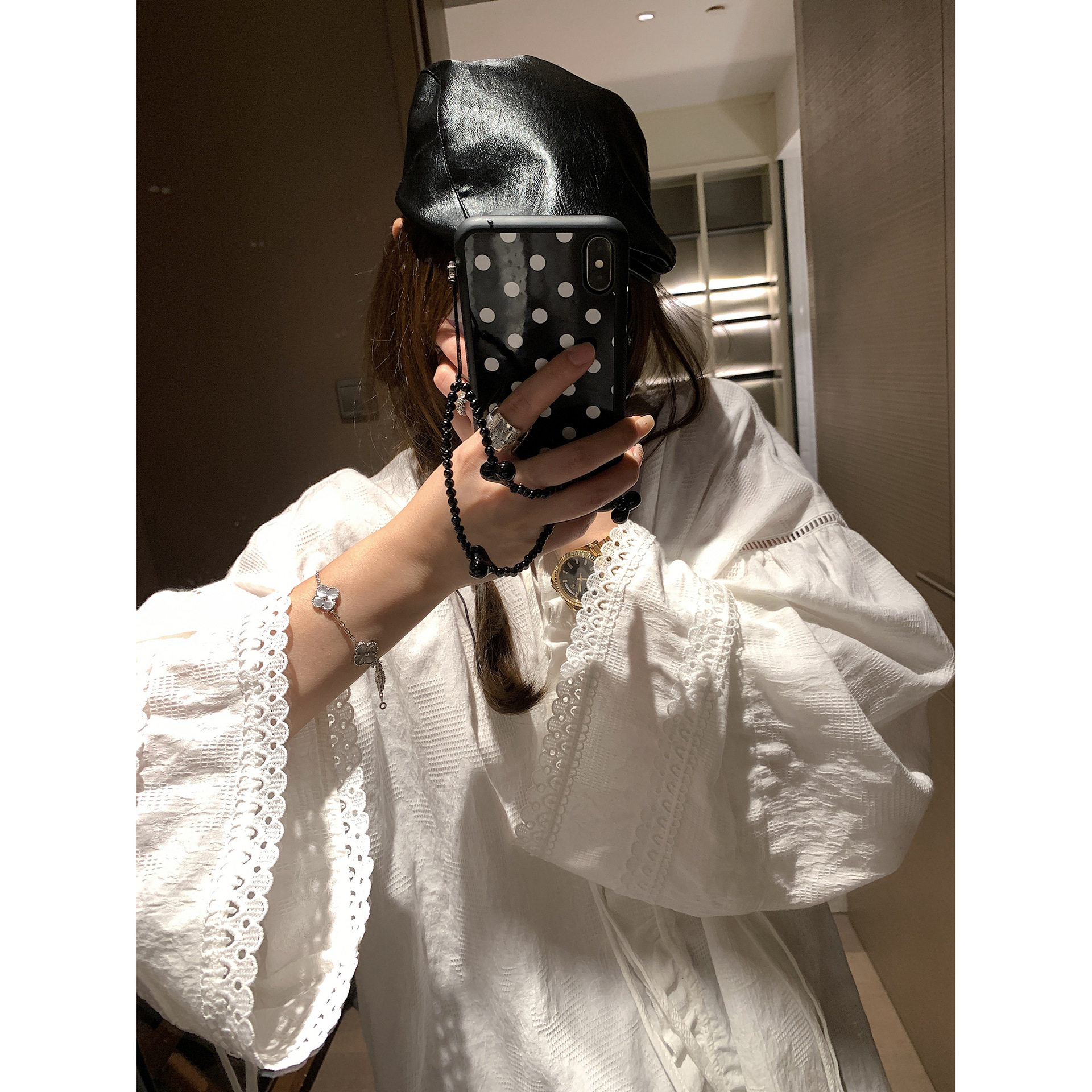 法式气质V领蕾丝长袖衬衫女春夏  宽松中长款高级感白色上衣小衫