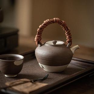 手工藤编提梁壶大号家用泡茶壶复古粗陶单壶功夫茶 老岩泥日式
