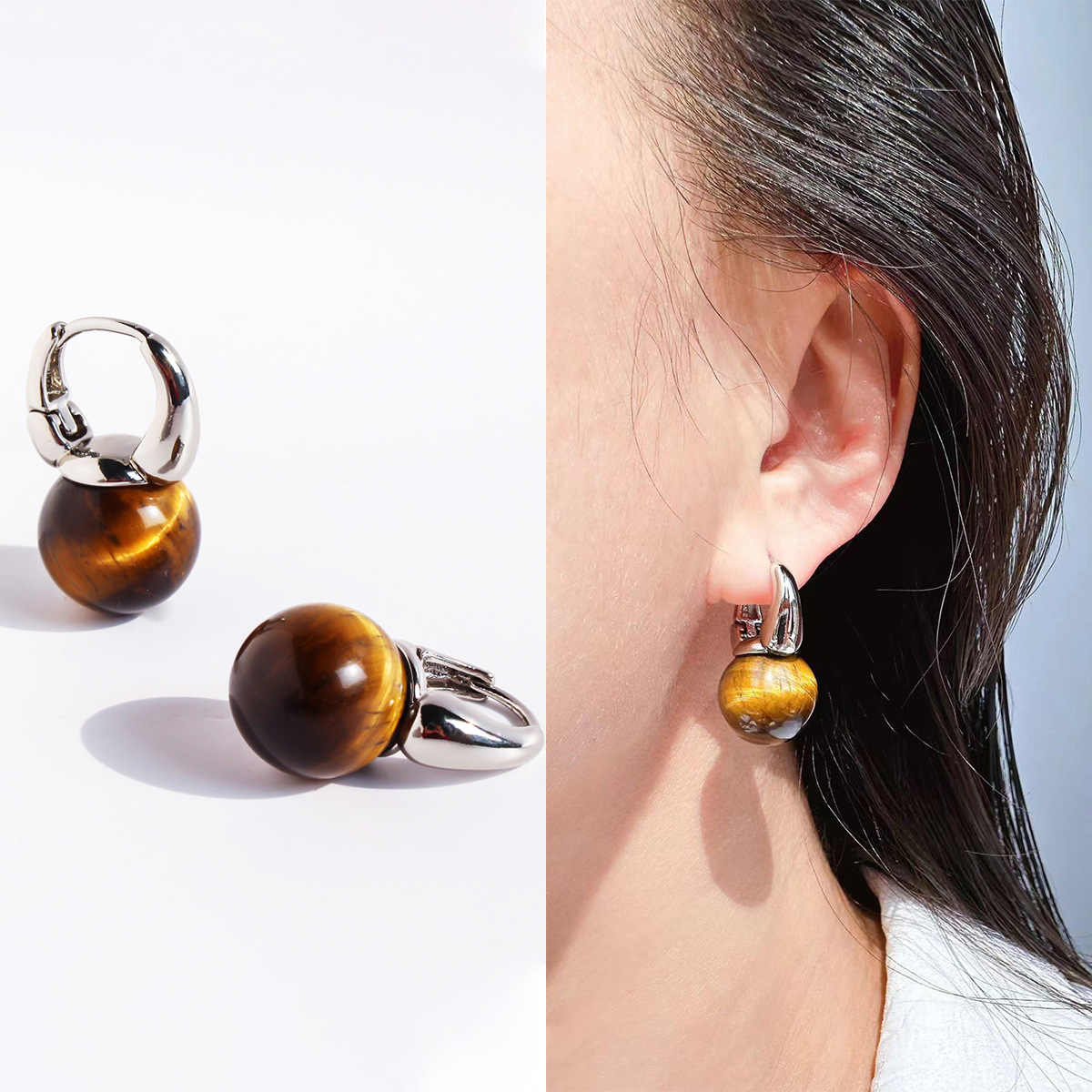 美拉德天然a极虎眼石耳环时髦复古老钱风耳扣经典圆圈耳坠饰品