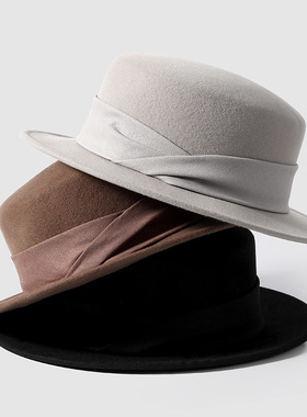 CHICLOT boater 秋冬复古平顶帽 纯羊毛礼帽时尚短檐毡帽男女通用