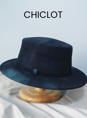 CHICLOT boater 秋冬季撞色扎染羊毛平顶帽 男女宽檐礼帽