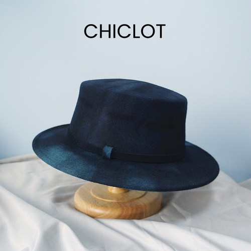 CHICLOT boater 秋冬季撞色扎染羊毛平顶帽 男女宽檐礼帽