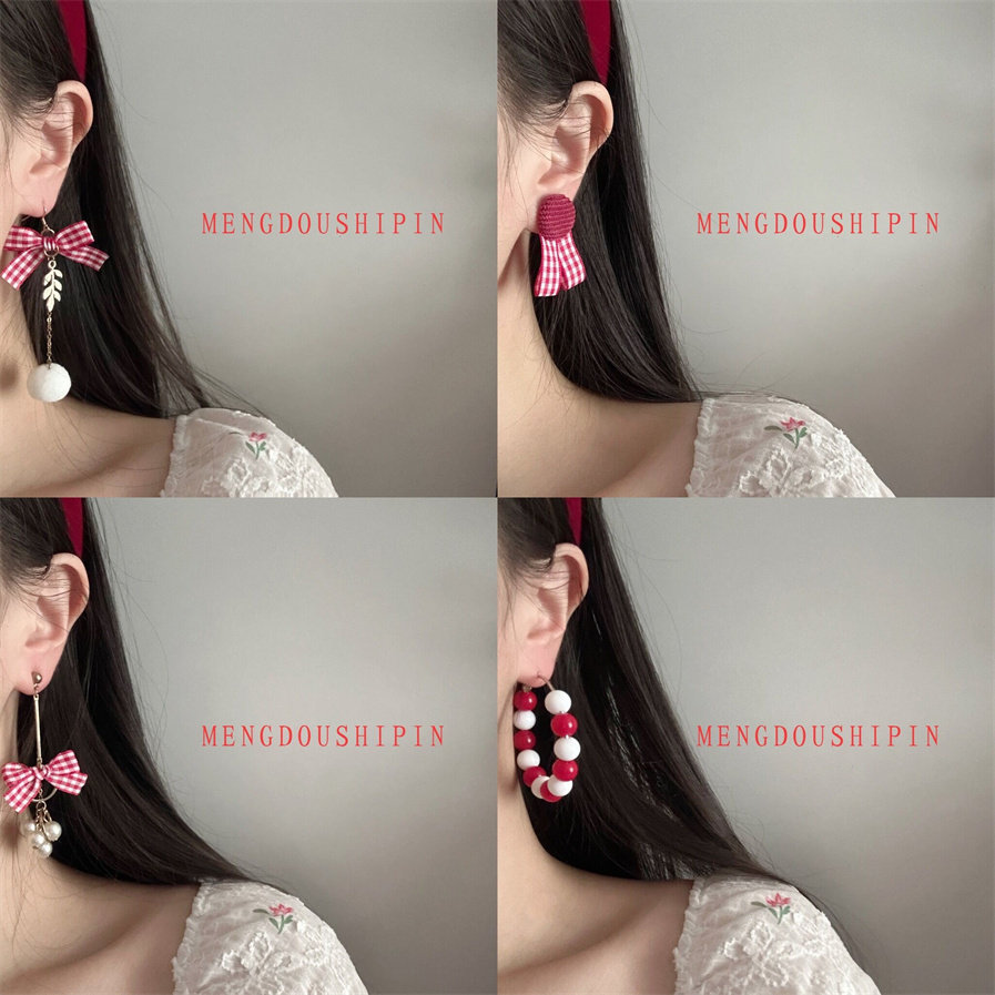 软妹蝴蝶结耳环红色格子耳夹