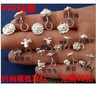 正品999纯银弯钩耳钉玫瑰花无需耳堵足银