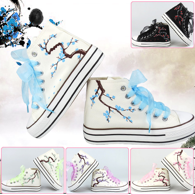 手绘帆布鞋女内增高厚底中国风梅唯美文艺小清闲休闲学院舒适促销