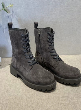 ROMI新款短靴女牛反绒系带圆头厚底铝灰色马丁靴23AWS081款网红靴