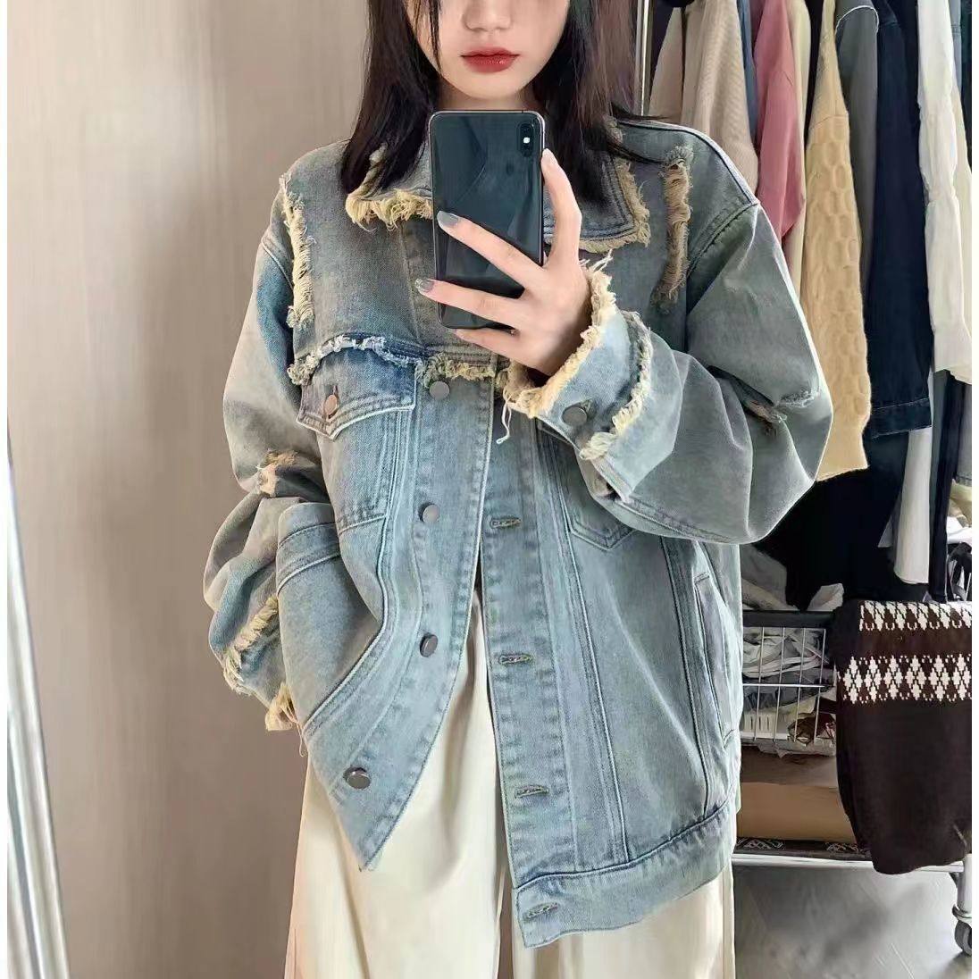 复古毛边做旧破洞牛仔外套女春秋宽松休闲百搭工装夹克上衣潮ins