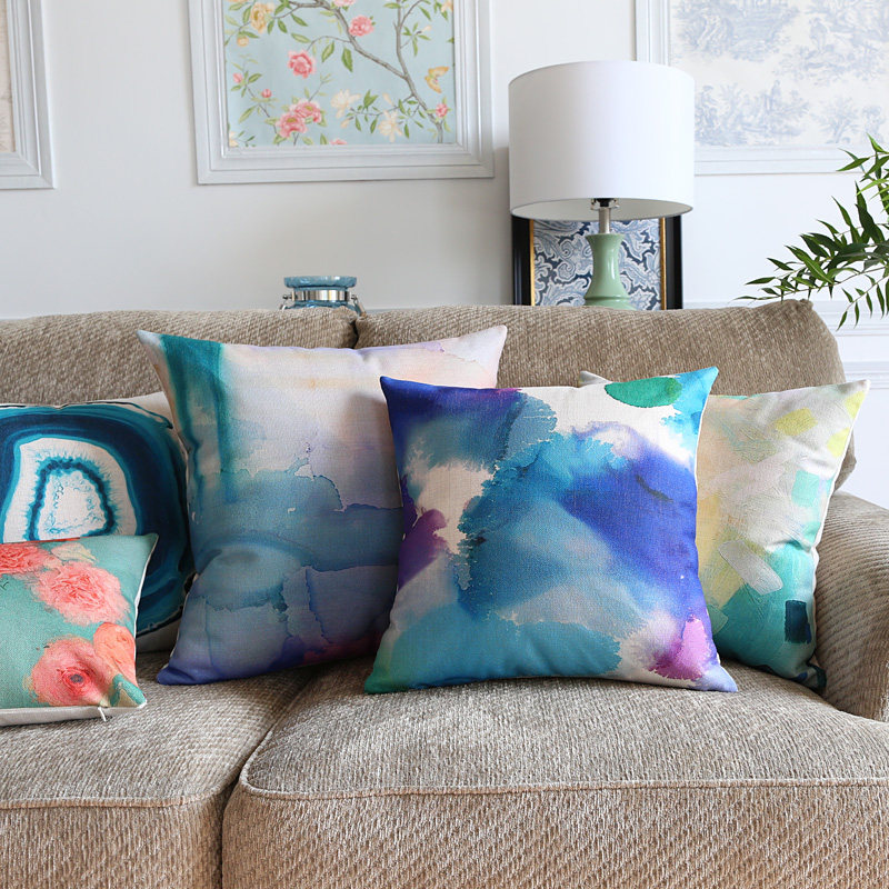 轻奢水彩抽象方形抱枕靠垫棉麻
