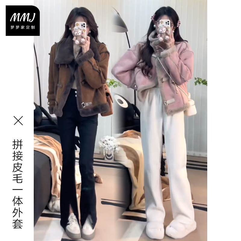 复古麂皮绒拼接羊羔毛外套女冬季皮毛一体保暖加厚机车服毛毛上衣