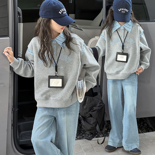女童卫衣春秋套装2026新款洋气休闲卫衣牛仔裤中大童长袖上衣春装