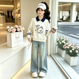 女童套装2026秋季新款初中生学院风卡通卫衣牛仔裤儿童洋气两件套
