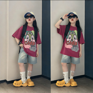 女童夏装套装短袖t恤2026新款夏季小女孩超好看牛仔裤洋气9两件套