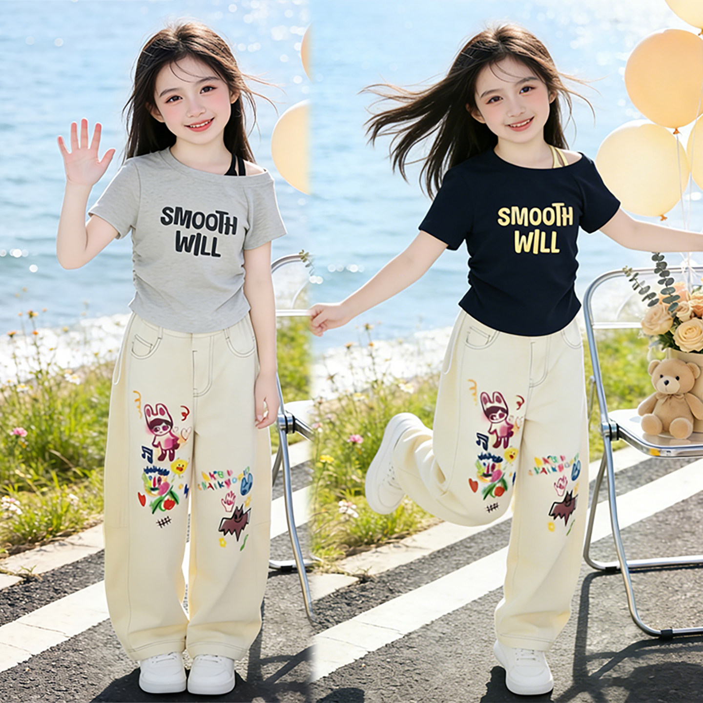 女童夏季套装潮酷个性涂鸦阔腿裤直筒休闲裤中大童拼色短款短袖潮