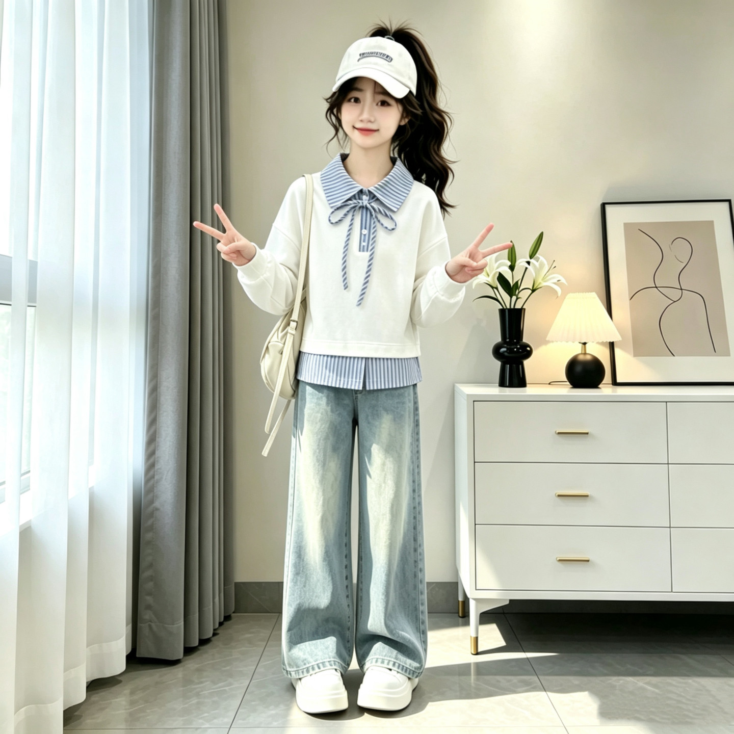 女童学院风秋套装2026新款秋季超火初中生长袖儿童牛仔裤独特秋装