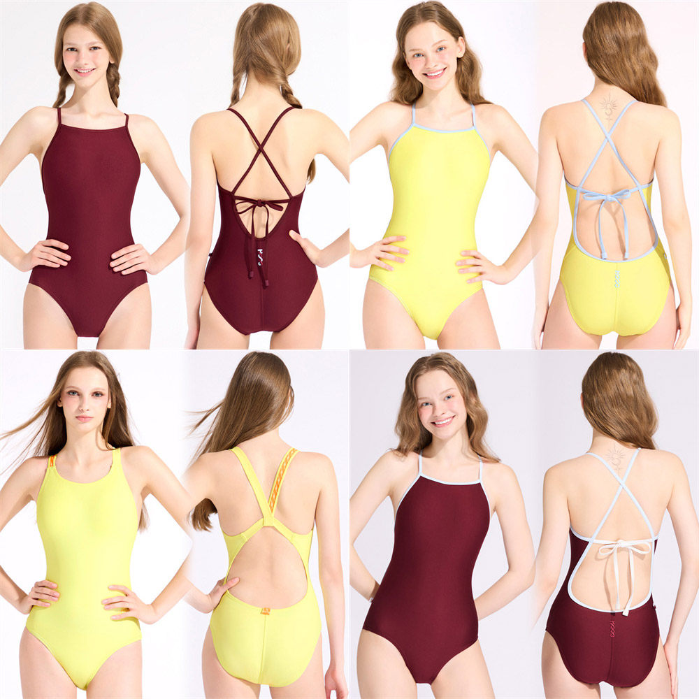 HOOG蝴格正品时尚纯色酒红色泳衣专业训练比赛显眼柠檬黄游泳衣