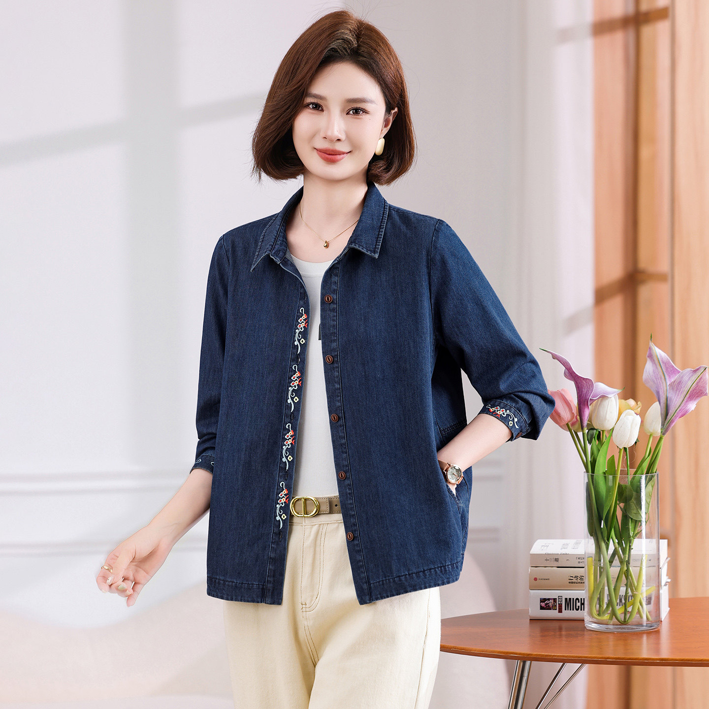 纯棉刺绣牛仔衬衫外套女春秋