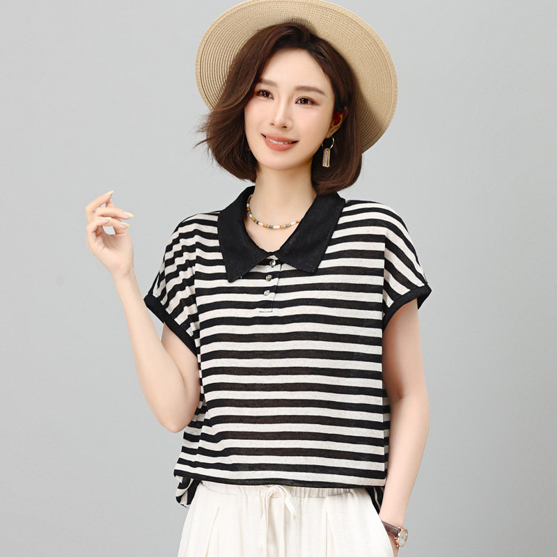 条纹短袖t恤女2026新款大码女装夏季短款休闲宽松薄款针织衫上衣