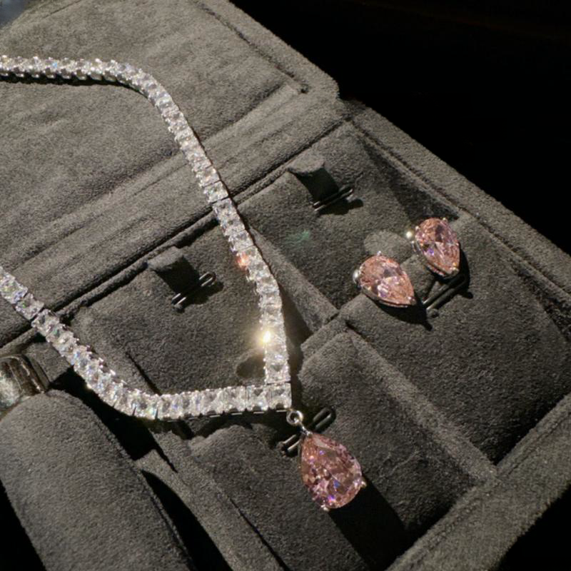 帕帕拉恰粉宝石项链在逃公主镀18K金圣诞蔷薇锆石花朵耳环百搭