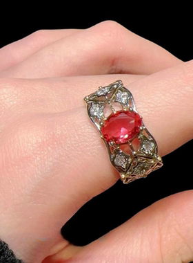 雾色妖姬胭脂红宝石珍珠戒指富贵花镀18K金贵妃红花朵戒指百搭