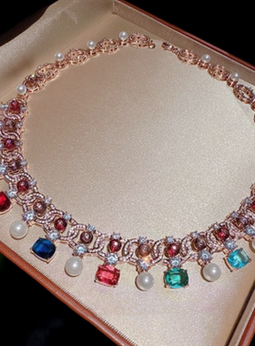 新款奢华琉璃花球珍珠彩宝坠项链 高定珠宝晚宴 露珠礼服耳环套装