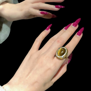 黄卿然推荐二 金弦线虎眼石中古风耳环 富贵迷人羽毛闪钻贝珠戒指