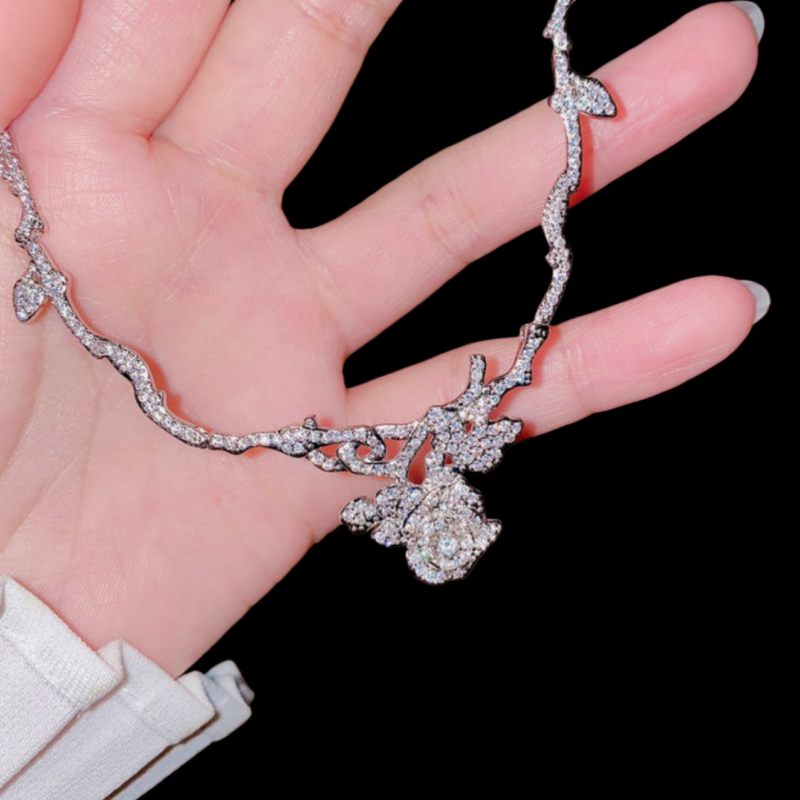 富贵花 镀18K金玫瑰锆石耳钉 设计师立体花朵耳环 蔷薇时尚