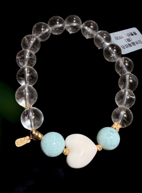 珠宝天然白水晶海纹石爱心手链 925银海蓝宝白水晶蝴蝶结花神手串