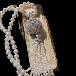 美人鱼立体球球宝石珍珠项链 大溪地 深海贝珠环环圈圈锆石毛衣链