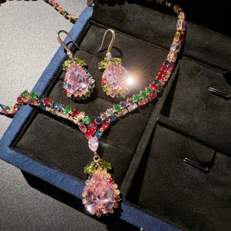 藤蔓彩虹大水滴宝石项链 繁花仙女 镀18K金 阿盖尔粉泪滴锆石耳环