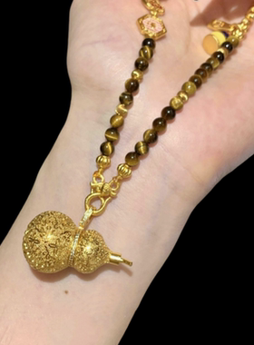 古法金色红刚玉太阳花玫瑰花窗项链新中式富甲香囊葫芦虎眼石项链