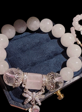 叠戴更好看天然粉水晶蝴蝶结花神手链新中式玫瑰花白水晶珍宝手串