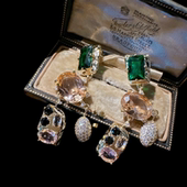 海蒂南瓜色宝石几何耳环 孔雀绿锆石花朵戒指 镀18K金 富婆 快乐