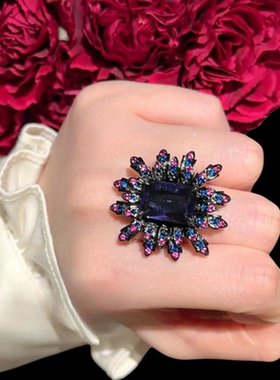 施普雷矢车菊宝石戒指古董感镀18K金鸢尾紫花朵大克拉戒指百搭